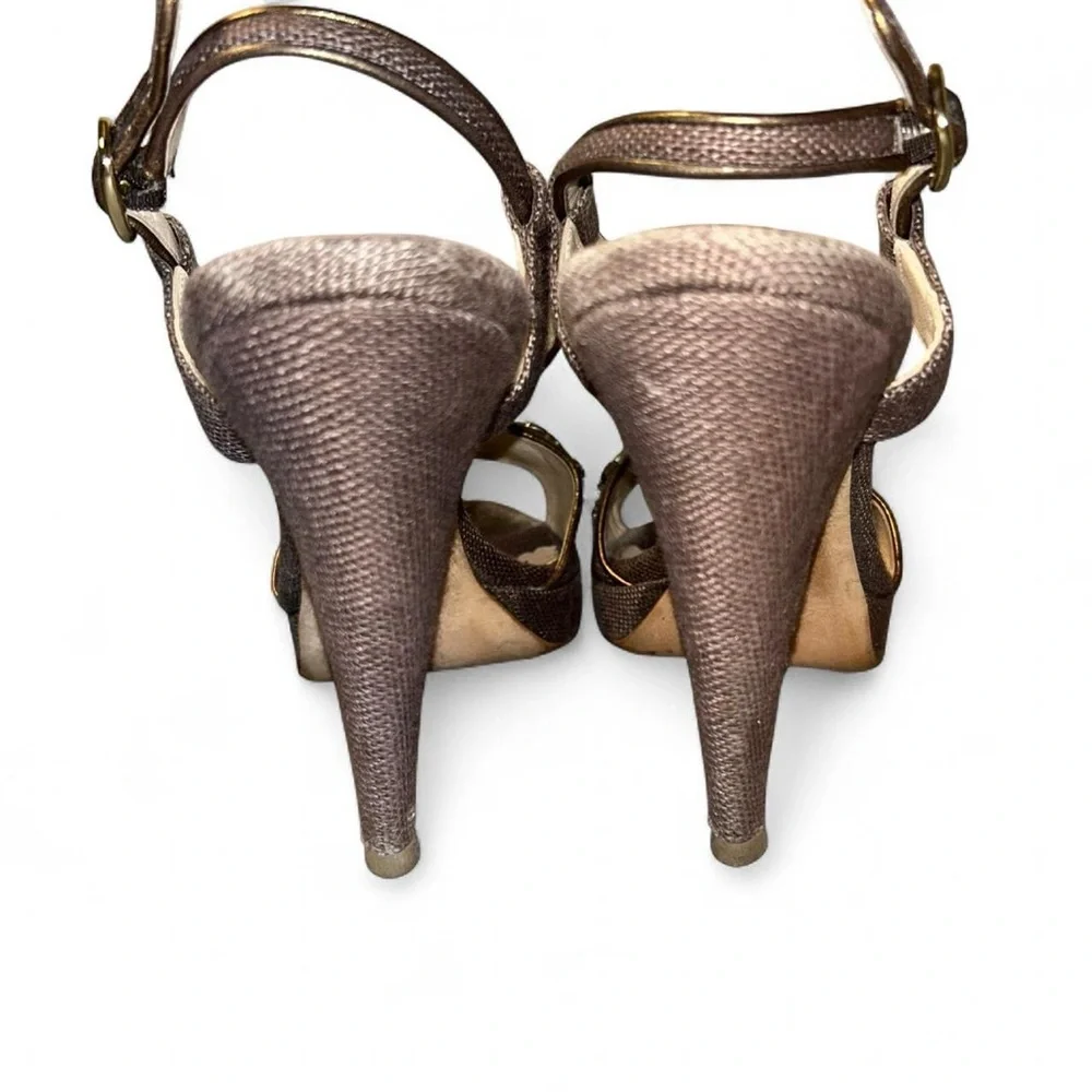 Oscar De La Renta Sz 40 Linen High Heel Sandal Beaded Rhinestone Embellished